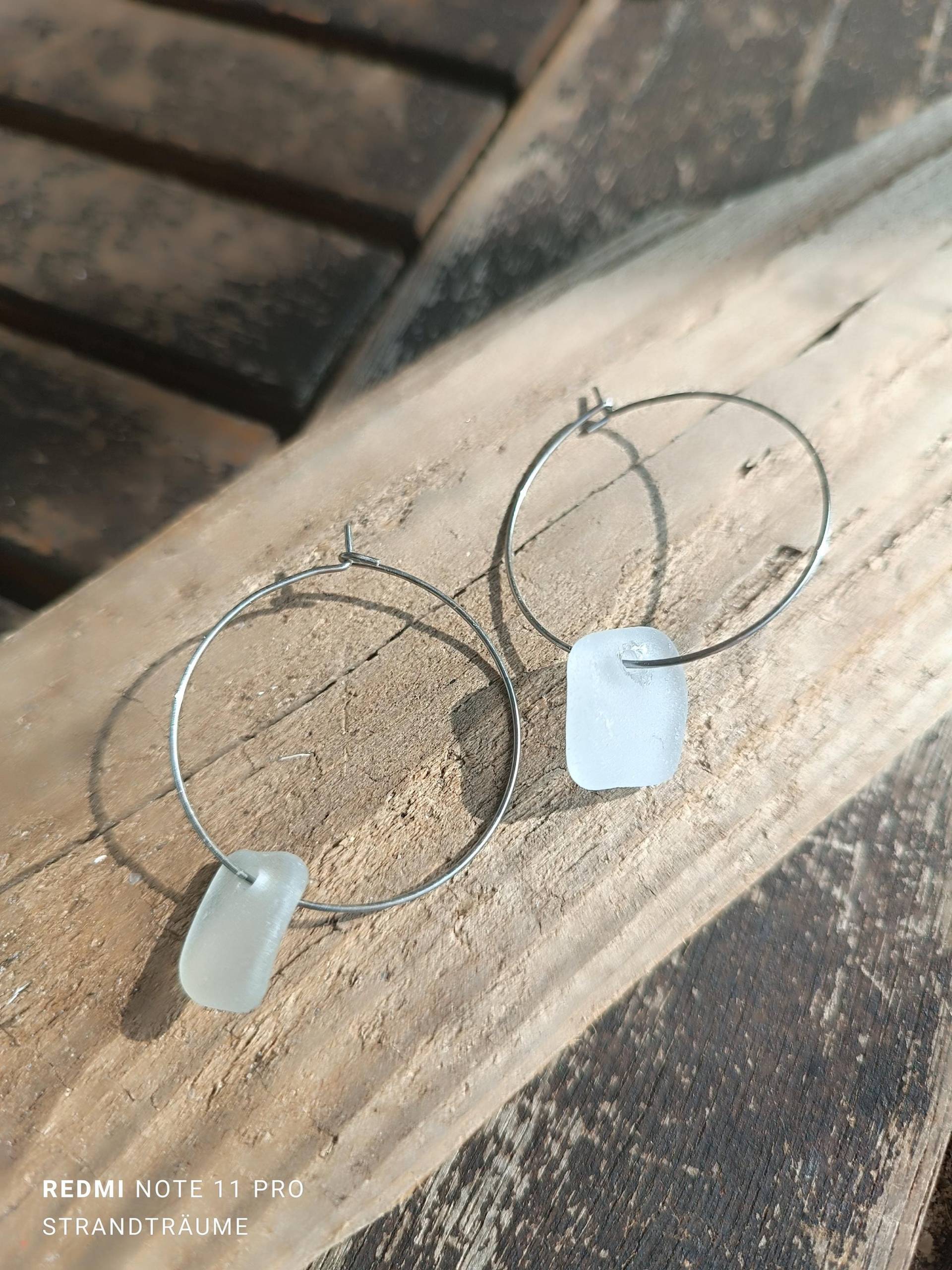 Creolen Rund Edelstahl Ohrringe Geburtstag Valentinstag Glas Seeglas Handgemacht Silber Handmade Geschenkideen von Lousun