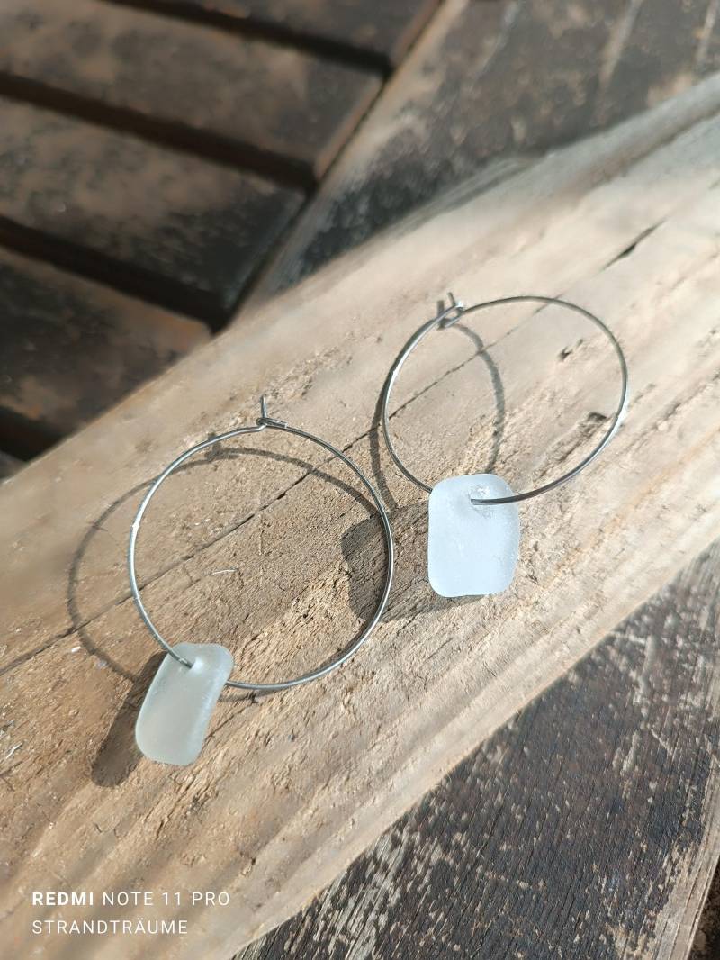 Creolen Rund Edelstahl Ohrringe Geburtstag Valentinstag Glas Seeglas Handgemacht Silber Handmade Geschenkideen von Lousun