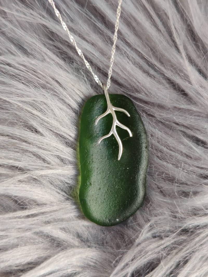 Kette Silber Grün Glas Anhänger Jewelery Strand Urlaub Seeglas Geschenk Geschenkideen Frauen Handmade Handgemacht von Lousun