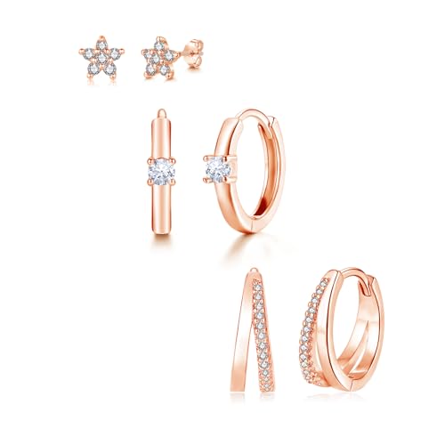 Loutade 3 Paar Ohrringe Rose Gold Set für Damen, Hypoallergen Kleine Ohrringe Silber 925 Stapelbar Zirkonia Helix Piercings Ohr Schlafen Knorpel Rose Gold Ohrstecker Creolen für Mehrere Piercings von Loutade