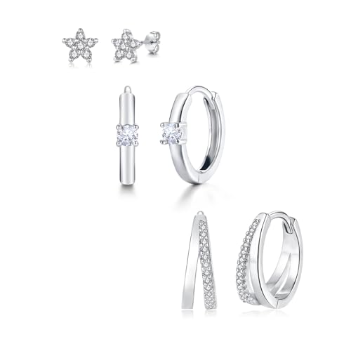 Loutade 3 Paar Ohrringe Silber 925 Set für Damen, Hypoallergen Kleine Ohrstecker Silber 925 Stapelbar Zirkonia Helix Piercings Ohr Ohrstecker Creolen Knorpel Ohrringe Set für Mehrere Piercings von Loutade