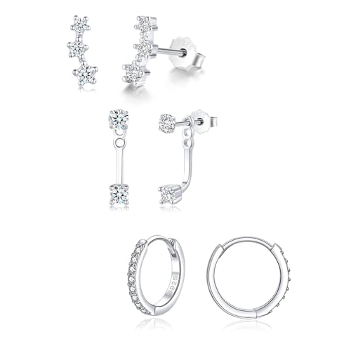 Loutade 3 Paar Ohrringe Silber 925 für Damen, 925 Sterling Silber Ohrstecker 925 Set Stapelbar Zirkonia Ohrstecker Creolen Ohrringe Set für Mehrere Piercings, Kleine Schlafen Knorpel Ohrschmuck von Loutade