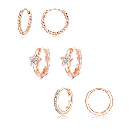Loutade 925 Sterling Silber Creolen Set - 3 Paare Ohrringe Mit Cubic Zirkonia, Hypoallergen Klein Rose Gold, Knorpel Schlafen Damen für Mehrere Piercings von Loutade
