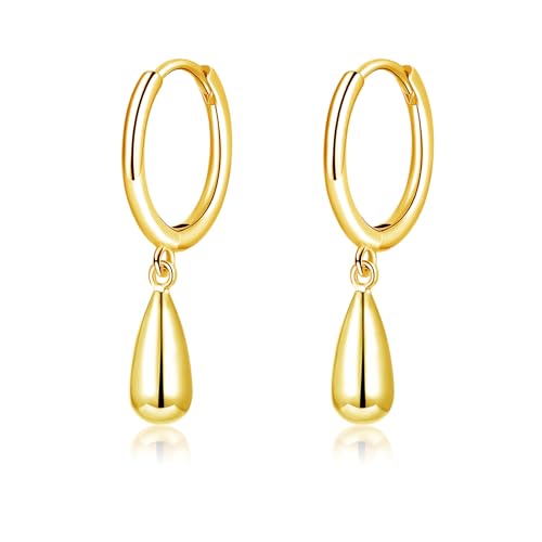 Loutade 925 Sterling Silber Creolen mit Wassertropfen Anhänger, Hypoallergen Goldene Ohrringe Hängend für Damen Mädchen, Leichte Ohrringe Gold Kreolen mit Geschenkbox zum Weihnachten von Loutade