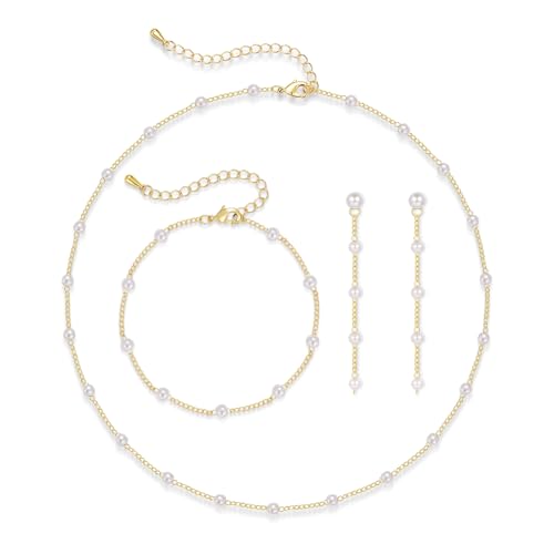 Loutade Gold Schmuck Set Damen, 3PCS Perlenkette Tropfen Ohrringe Setcker Armband Set, Ziemliche Silber Damen Schmuckset Goldene Brautschmuck für Braut Brautjungfern Hochzeitstag Geschenke von Loutade