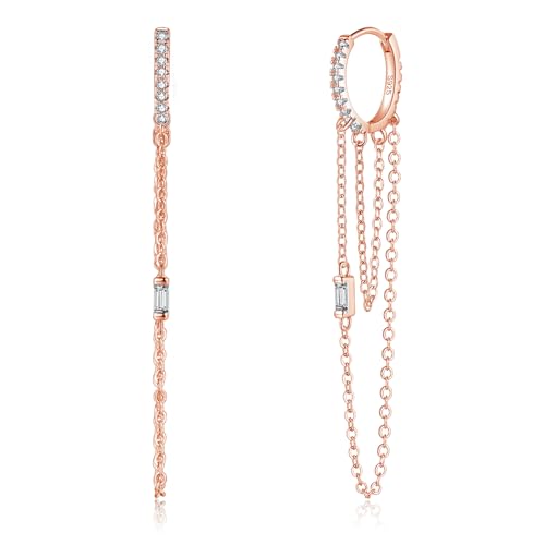 Loutade Ohrringe Rose Gold, 925 Sterling Silber Creolen mit Anhänger, CZ Baumelnde Ohrringe Creolen Silber 925 mit Kette Anhänger, Hypoallergen Knorpel Schlafen Quaste Tropfenohrringe für Damen von Loutade