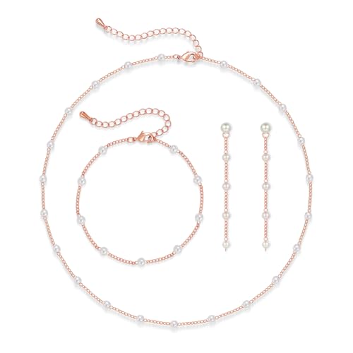Loutade Rose Gold Schmuck Set Damen, 3PCS Perlenkette Tropfen Ohrringe Setcker Armband Set, Ziemliche Silber Damen Schmuckset Rose Gold Brautschmuck für Braut Brautjungfern Hochzeitstag Geschenke von Loutade