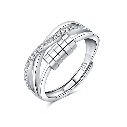 Loutade Silber Anxiety Rings, 925 Sterling Silber Damen Angst Ringe, Offen Einstellbar Silber Anti-Stress Ring Dekompressionsringe, Unendlichkeit Spinner Fidget Ring, Zappelring mit Perlen & Zirkonia von Loutade