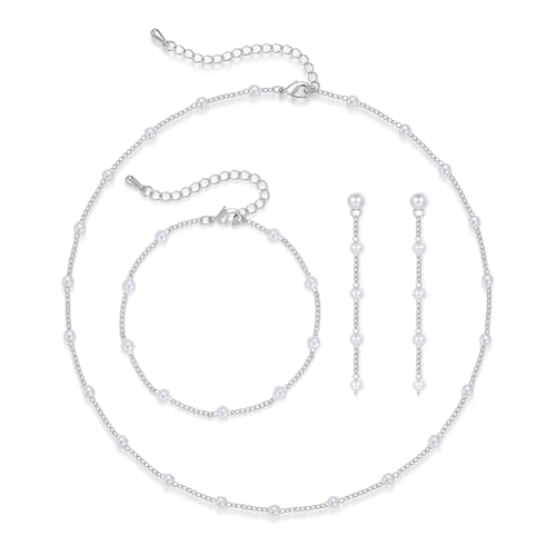 Loutade Silber Schmuck Set Damen, 3PCS Perlenkette Tropfen Ohrringe Setcker Armband Set, Hypoallergen Ziemliche Silber Damen Schmuckset Brautschmuck für Braut Brautjungfern Hochzeitstag Geschenke von Loutade