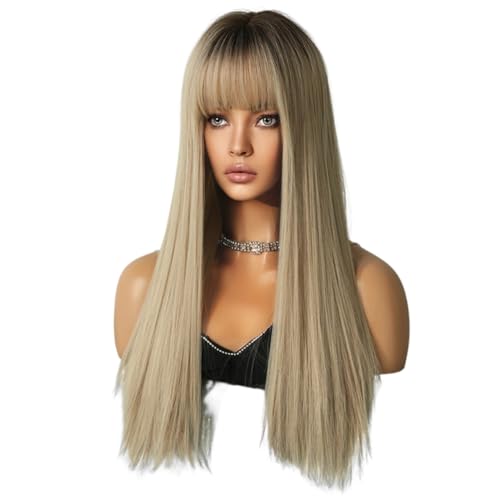 Louttary Champagne Blonde Kopfbedeckung Braun 64 cm Perücke Cosplay Europa und Amerika Langes glattes Haar Farbverlauf Perücke, einfach zu verwenden von Louttary
