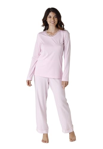 Lovable Langes Pyjama-Set aus Baumwolle und Modal, V-Ausschnitt und Rüschen aus Spitze für Damen, Rosa, L von Lovable