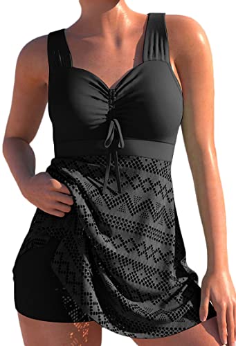 Lovache Damen Badekleid mit Shorts Crochet Hollow Out 2 Stück Badeanzug Criss Cross Back Tankini Sets, Schwarz , L von Lovache