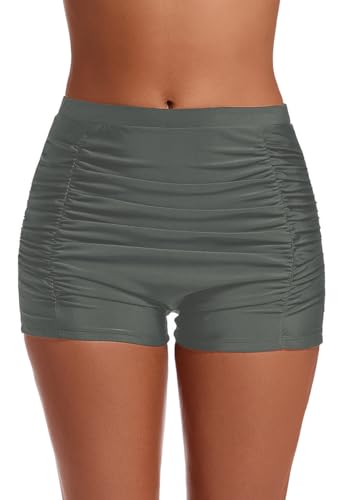 Lovache Damen-Badeshorts mit hoher Taille, gerüscht, Boyleg, Bauchkontrolle, Bikinihose, grau, 50 von Lovache