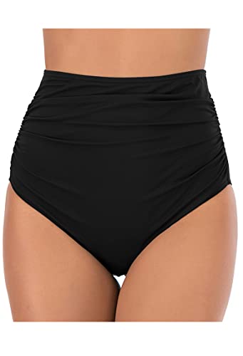 Lovache Damen Bikinihose mit hoher Taille, einfarbig, gerüscht, Bauchkontrolle, Schwimmhose, Schwarz , 50 von Lovache