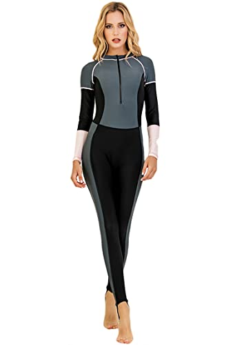 Lovache Langärmeliger Badeanzug für Damen, Ganzkörper, einteiliger Rashguard, athletische Surf-Bademode, grau, L von Lovache