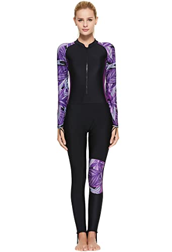 Lovache Langärmeliger Badeanzug für Damen, Ganzkörper, einteiliger Rashguard, athletische Surf-Bademode, schwarz / lila, 52 von Lovache