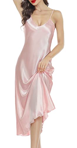 Lovasy Satin Nachthemd Damen Sexy Spaghettiträger Nachtkleid Lang Negligee Babydoll mit V-Ausschnitt Seiden Sommer Pyjama,Rosa,M von Lovasy