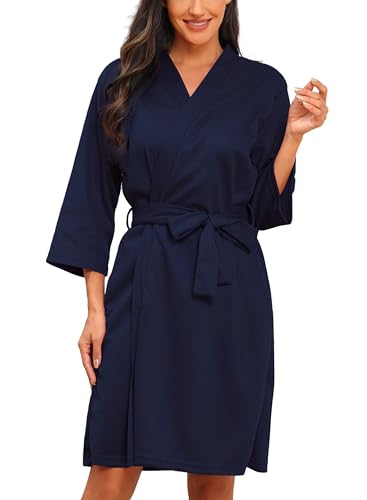 Lovasy Bademantel Waffelpique Damen 3/4 Ärmel Saunamantel Waffelstrick Morgenmantel Weich Leicht Knielang Loungewear mit Gürtel Taschen,Marineblau,M von Lovasy