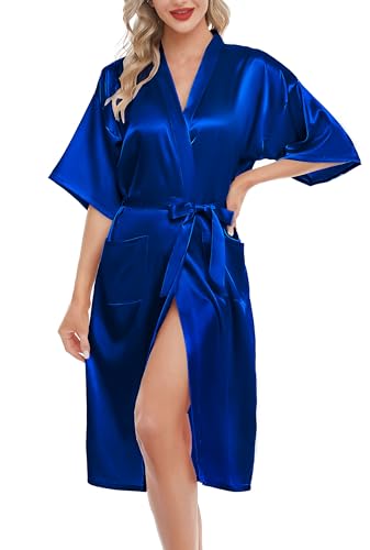 Lovasy Bademantel Damen Satin Japanisch Kimono Jacke Damen mit Gürtel Sexy Morgenmantel Leicht Pyjama für Hochzeit Braut Party,Dunkelblau,L von Lovasy