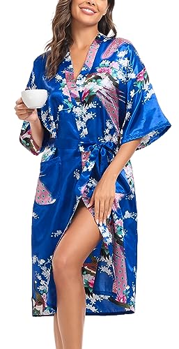 Lovasy Bademantel Damen Satin Japanisch Kimono Jacke Damen mit Gürtel Sexy Morgenmantel Leicht Pyjama für Hochzeit Braut Party,Lake Blue,XL von Lovasy