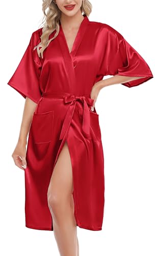 Lovasy Bademantel Damen Satin Japanisch Kimono Jacke Damen mit Gürtel Sexy Morgenmantel Leicht Pyjama für Hochzeit Braut Party,Rot,L von Lovasy