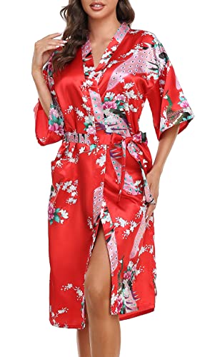 Lovasy Bademantel Damen Satin Japanisch Kimono Jacke Damen mit Gürtel Sexy Morgenmantel Leicht Pyjama für Hochzeit Braut Party,Rot,L von Lovasy