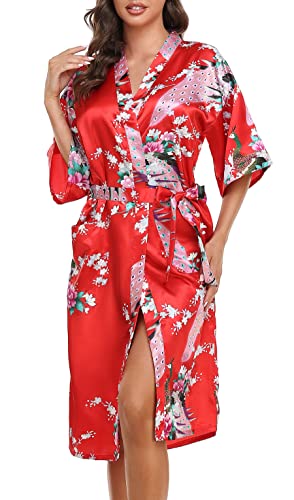 Lovasy Bademantel Damen Satin Japanisch Kimono Jacke Damen mit Gürtel Sexy Morgenmantel Leicht Pyjama für Hochzeit Braut Party,Rot,M von Lovasy