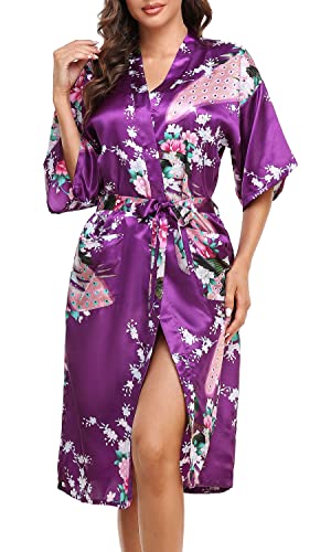 Lovasy Bademantel Damen Satin Japanisch Kimono Jacke Damen mit Gürtel Sexy Morgenmantel Leicht Pyjama für Hochzeit Braut Party,Violet,L von Lovasy