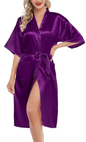 Lovasy Bademantel Damen Satin Japanisch Kimono Jacke Damen mit Gürtel Sexy Morgenmantel Leicht Pyjama für Hochzeit Braut Party,Violet,XL von Lovasy