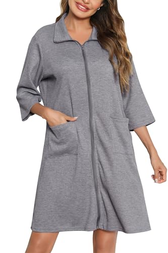 Lovasy Bademantel Waffelpique Damen mit Reissverschluss 3/4 Ärmel Waffelstrick Leichter Morgenmantel Knielang mit Taschen,Grau,S von Lovasy