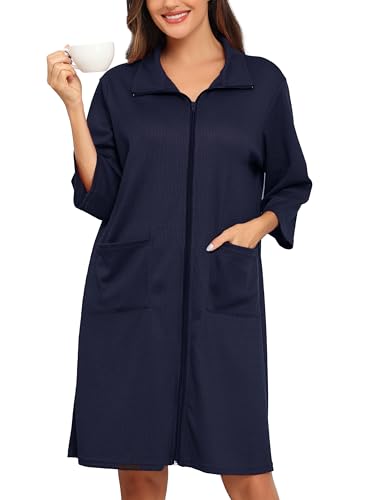 Lovasy Bademantel Waffelpique Damen mit Reissverschluss 3/4 Ärmel Waffelstrick Leichter Morgenmantel Knielang mit Taschen,Marineblau,XXL Lovasy Bademantel Waffelpique Damen mit Reissverschluss 3/4 Ärmel Waffelstrick Leichter Morgenmantel Knielang mit Taschen,Marineblau,XXL von Lovasy