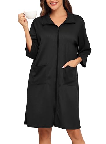Lovasy Bademantel Waffelpique Damen mit Reissverschluss 3/4 Ärmel Waffelstrick Leichter Morgenmantel Knielang mit Taschen,Schwarz,L von Lovasy
