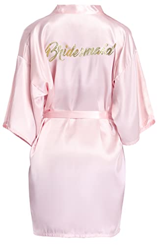 Lovasy Braut Bademantel Kimono Damen Sexy Morgenmantel mit Gürtel Satin-Seide Kurz mit Blumenspitze für Bride Hochzeit、Poolparty und Pyjamaparty,Fleisch rosa XL von Lovasy