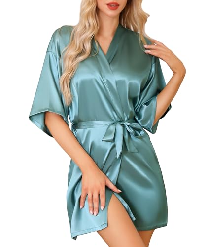 Lovasy Braut Bademantel Damen Kurz Satin Kimono Leicht Sexy Morgenmantel für Frauen Party Hochzeit Pajama mit Gürtel,grau Grün,M von Lovasy