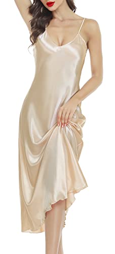 Lovasy Satin Nachthemd Damen Sexy Spaghettiträger Nachtkleid Lang Negligee Babydoll mit V-Ausschnitt Seiden Sommer Pyjama,Champagner,M von Lovasy