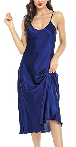 Lovasy Satin Nachthemd Damen Sexy Spaghettiträger Nachtkleid Lang Negligee Babydoll mit V-Ausschnitt Seiden Sommer Pyjama,Dunkelblau,M von Lovasy