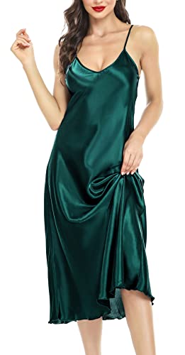 Lovasy Satin Nachthemd Damen Sexy Spaghettiträger Nachtkleid Lang Negligee Babydoll mit V-Ausschnitt Seiden Sommer Pyjama,Dunkelgrün,L von Lovasy