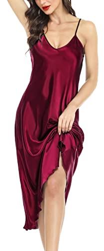 Lovasy Satin Nachthemd Damen Sexy Spaghettiträger Nachtkleid Lang Negligee Babydoll mit V-Ausschnitt Seiden Sommer Pyjama,Dunkelrot,XXL von Lovasy