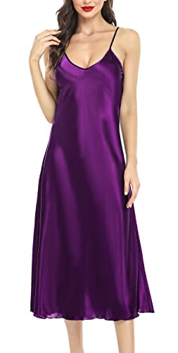 Lovasy Satin Nachthemd Damen Sexy Spaghettiträger Nachtkleid Lang Negligee Babydoll mit V-Ausschnitt Seiden Sommer Pyjama,Dunkelviolett,M von Lovasy