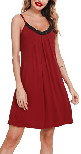 Lovasy Damen Nachthemd Spaghettiträger Ärmellos Chemise Träger Nachtkleid Sexy Lose Spitze Babydoll Damen Negligee,Weinrot,M von Lovasy