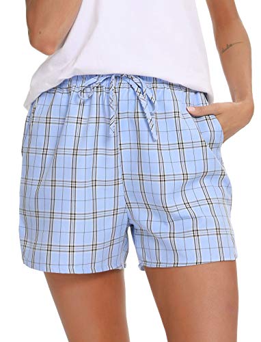 Lovasy Kurze Schlafhose Damen Karierte Schlafshorts mit Taschen und Kordelzug Schlafanzughosen für Damen Sommer Kurzer Pyjamahose,himmelblau,XXL von Lovasy