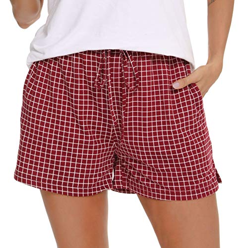 Lovasy Schlafshorts Damen Karierte Pyjamahose Damen Kurz Sommer Shorts mit Taschen und Kordelzug,Rotwein,XXL von Lovasy