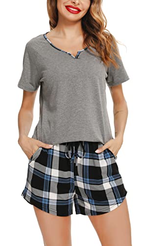 Lovasy Schlafanzug Damen Kurz Pyjama Set Zweiteiler Loungewear Nachtwäsche SchlafanzüGe für Frauen Karierte Schlafhose Stitch Teenager MäDchen Sexy Baumwolle Shorty,grau blau,M von Lovasy