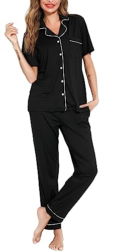 Lovasy Schlafanzug Damen Lang Winter Pyjama Set mit Knopfleiste Kurzarm Schlafanzüge für Damen Zweiteiliger Loungewear Hausanzug mit Taschen,schwarz,L von Lovasy