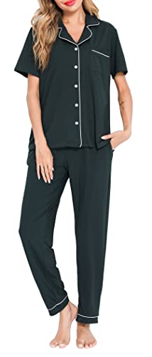 Lovasy Schlafanzug Damen Lang Winter Pyjama Set mit Knopfleiste Kurzarm Schlafanzüge für Damen Zweiteiliger Loungewear Hausanzug mit Taschen,Dunkelgrün,L von Lovasy