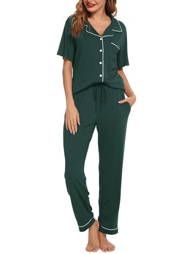 Lovasy Schlafanzug Damen Lang Winter Pyjama Set mit Knopfleiste Kurzarm Schlafanzüge für Damen Zweiteiliger Loungewear Hausanzug mit Taschen,Dunkelgrün,M von Lovasy