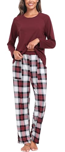 Lovasy Damen Schlafanzug Lang Schlafanzughose Kariert Pyjama Set Zweiteiliger Winter Baumwolle Schlafanzüge für Damen mit Taschen und Kordelzug,Rotwein,XXL von Lovasy