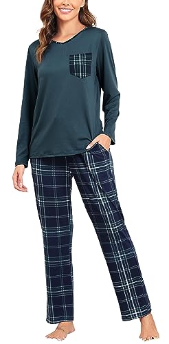 Lovasy Damen Schlafanzug Lang Winter Karierte Pyjama Set mit Taschen Zweiteiliger Damenschlafanzug Langarm V-Ausschnitt Schlafanzüge für Damen,Grün,XXL von Lovasy