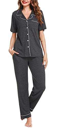 Lovasy Schlafanzug Damen Lang Winter Pyjama Set mit Knopfleiste Kurzarm Schlafanzüge für Damen Zweiteiliger Loungewear Hausanzug mit Taschen,dunkelgrau,L von Lovasy