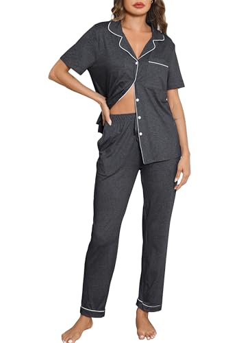 Lovasy Schlafanzug Damen Lang Kurzarm Pyjama mit Knöpfen Schlafanzüge für Damen Zweiteiliger Loungewear Set mit Taschen und Kordelzug,Dunkelgrau,XL von Lovasy